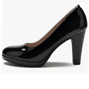 miss left Black Low Platform High Chunky Heel Slip On Closed Round Toe Pump Shoe